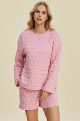 Double Take Full Size Texture Round Neck Long Sleeve Top and Shorts Set OutfitFlow